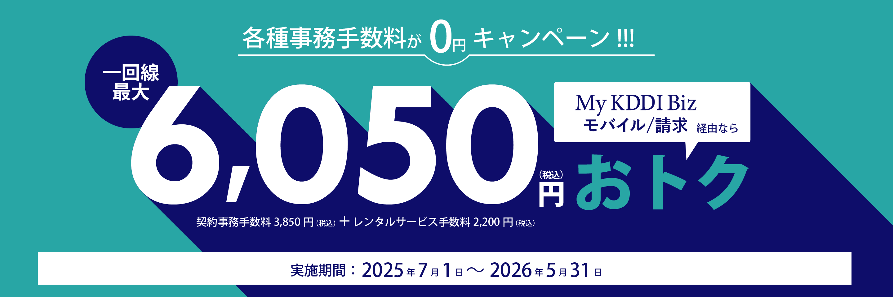 事務手数料無料バナー。内容：My KDDI Biz モバイル／請求経由なら、2025.7.1~2026.5.31の期間各種手数料無料キャンペーンを実施。1回線で最大6,050円お得 (契約事務手数料3850 (税込み) + レンタルサービス手数料2,200 (税込み))→0円になる。