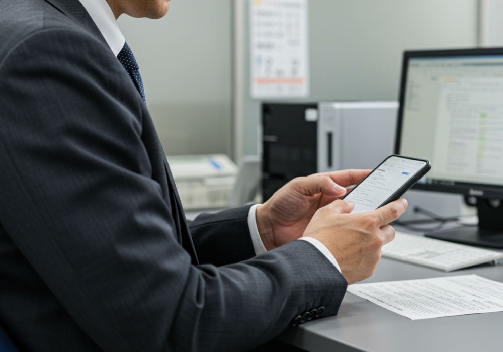 オフィスにてスマホで検索するビジネスマン