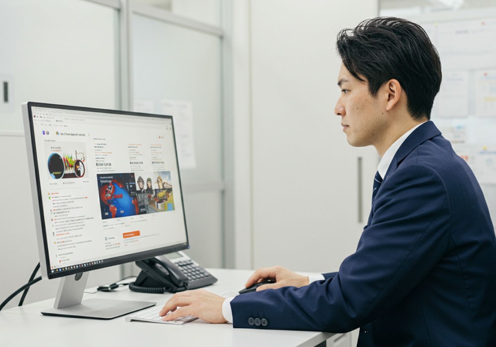 オフィスのPCで検索しているビジネスマン