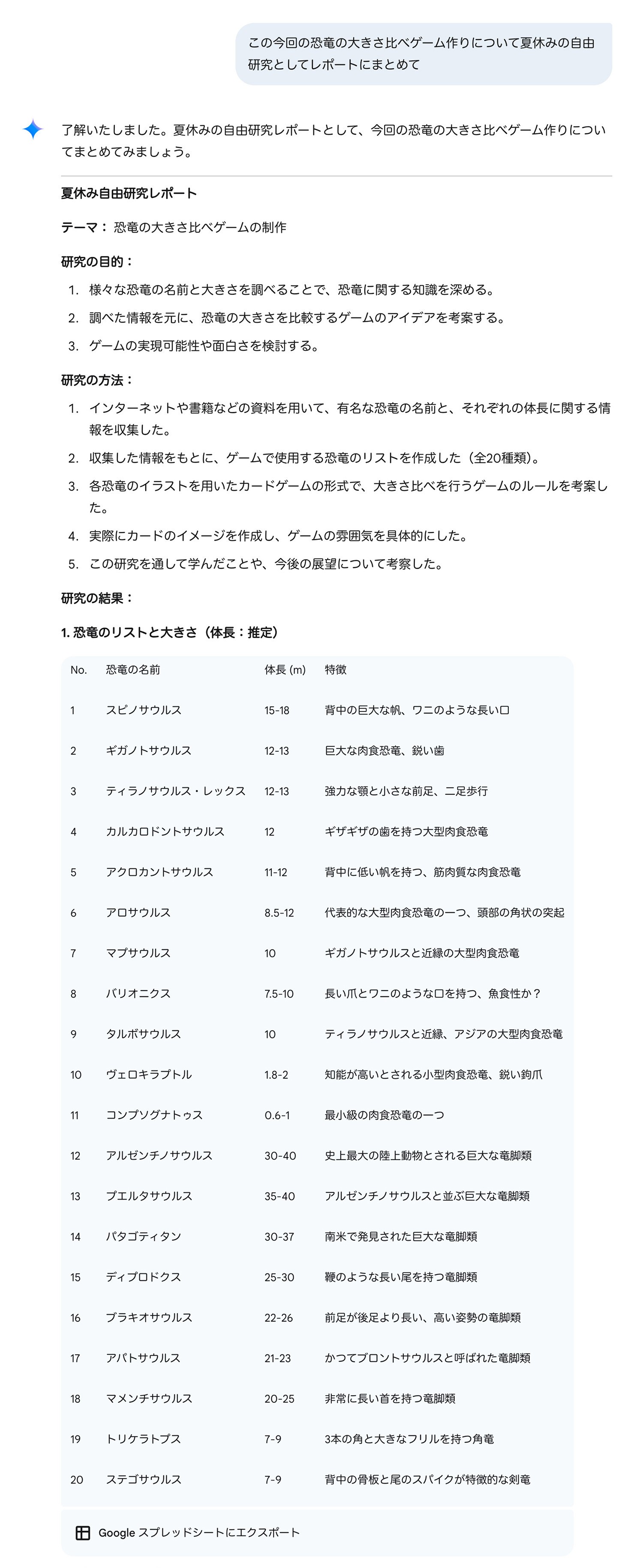 Google Gemini で自由研究のまとめに関する雛形を出力した画像