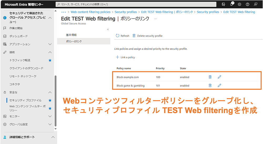 操作画面イメージ「Webコンテンツフィルターポリシーをグループ化し、セキュリティプロファイル TEST Web filteringを作成」