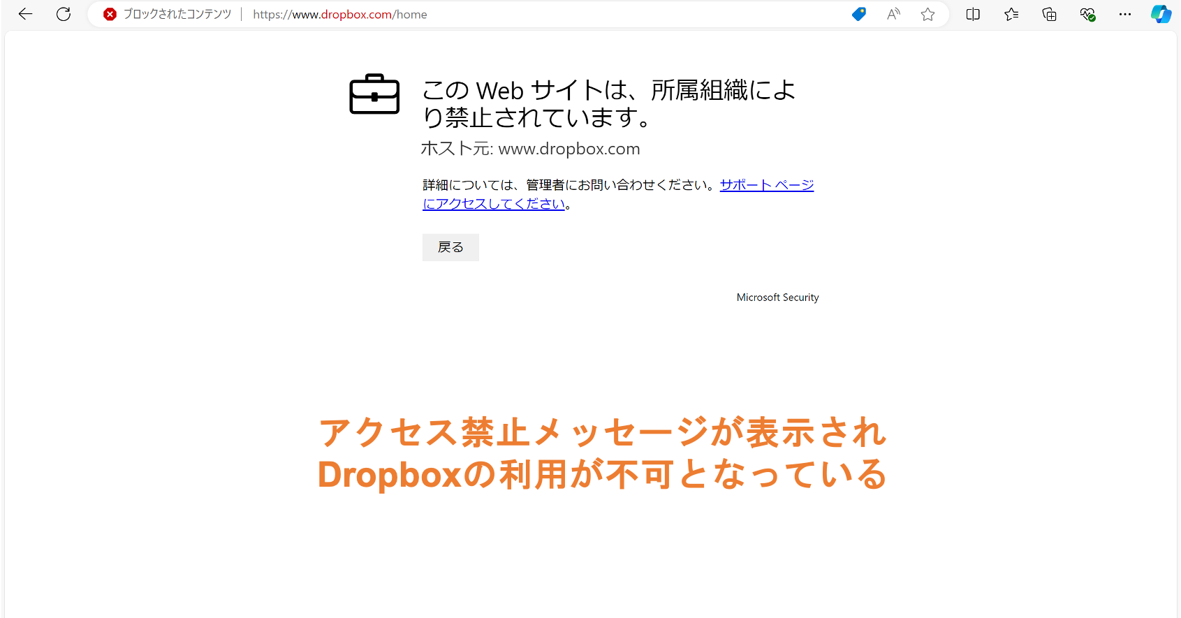 アクセス禁止メッセージが表示され Dropboxの利用が不可となっている