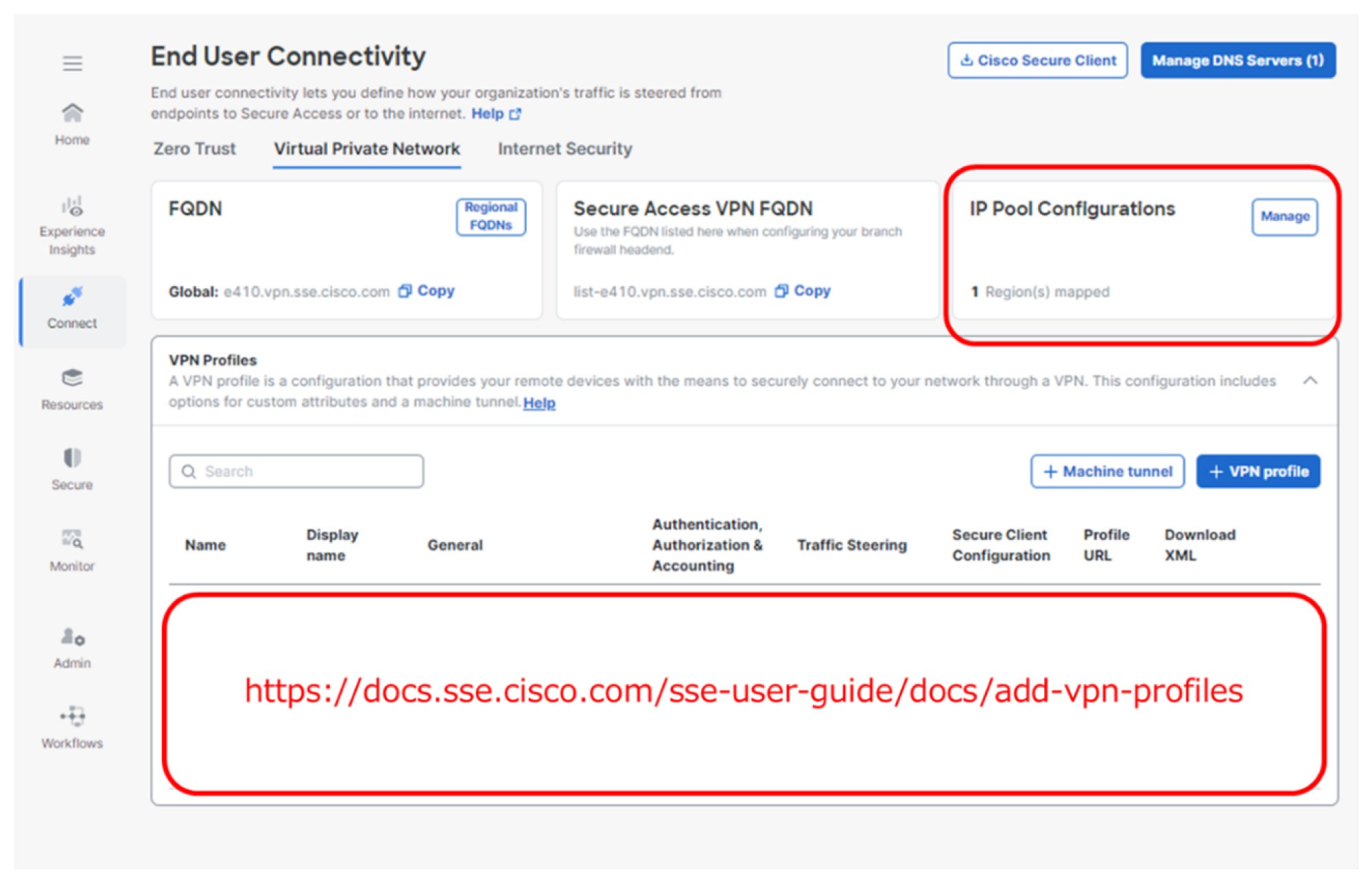 VPNプロファイルの作成画面。(https://docs.sse.cisco.com/sse-user-guide/docs/add-vpn-profiles)