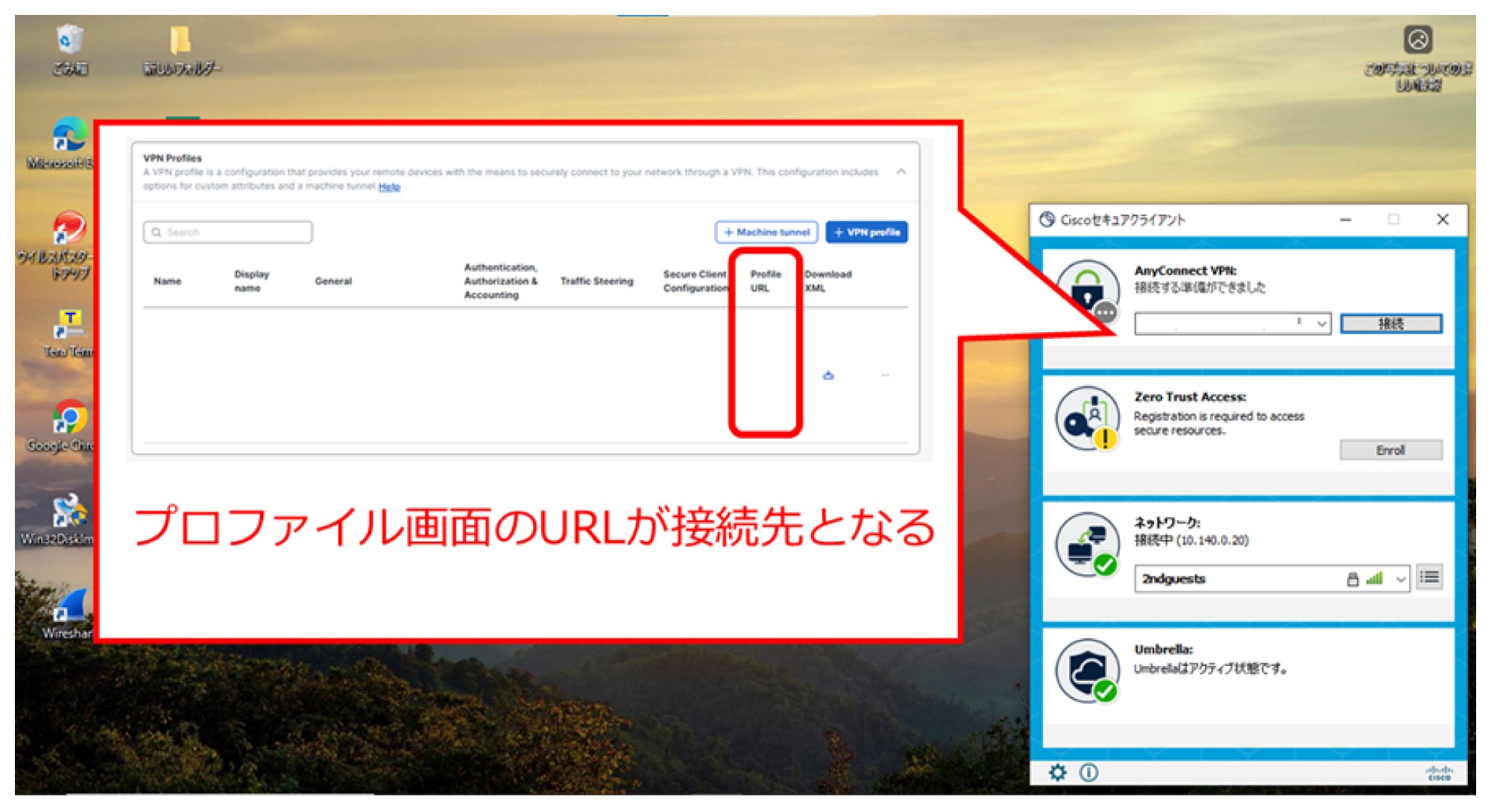 動作確認画面。プロファイル画面のURLが接続先となる。
