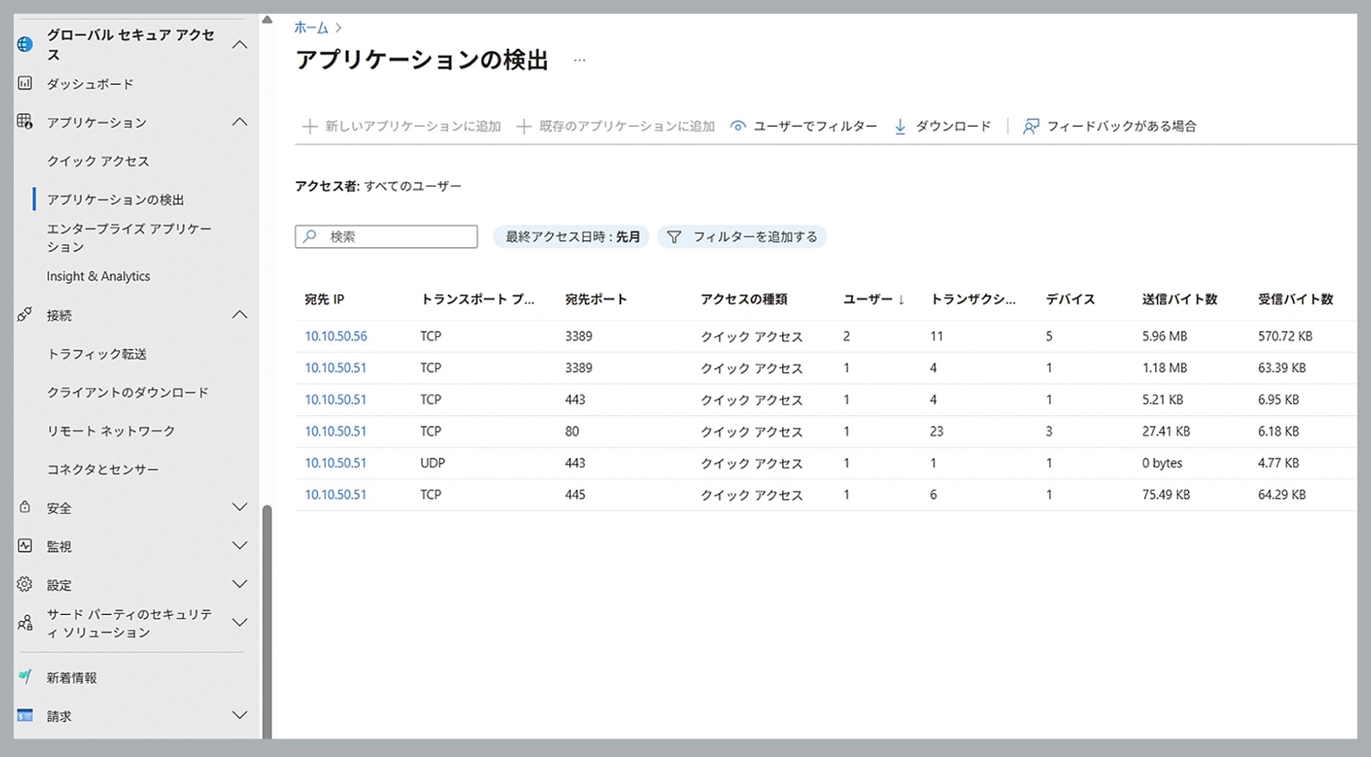 アプリケーションの検出画面のイメージ