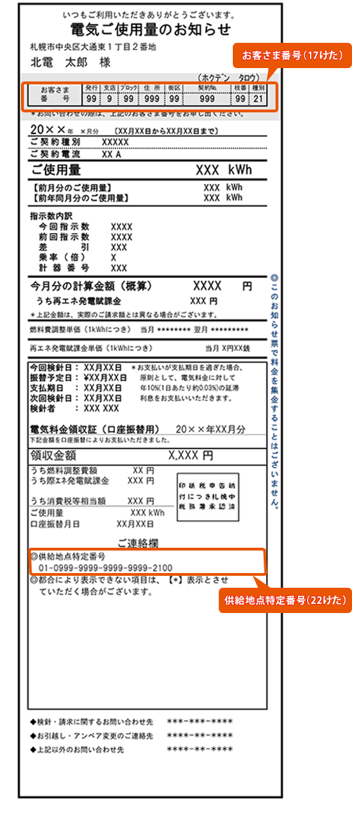 お客さま番号 (17桁)、供給地点特定番号 (22桁)