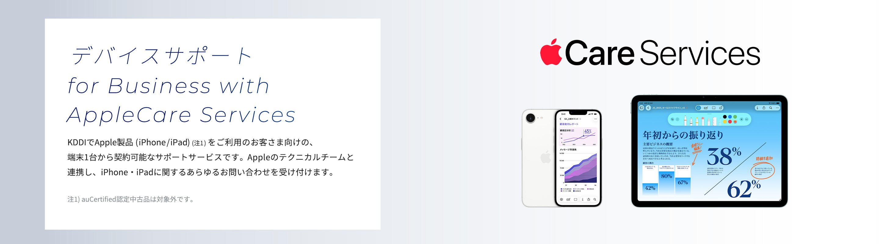 デバイスサポート for Business with AppleCare Services - KDDIでApple製品 (iPhone/iPad) (注1) をご利用のお客さま向けの、 端末1台から契約可能なサポートサービスです。Appleのテクニカルチームと連携し、iPhone・iPadに関するあらゆるお問い合わせを受け付けます。注1) auCertified認定中古品は対象外です。