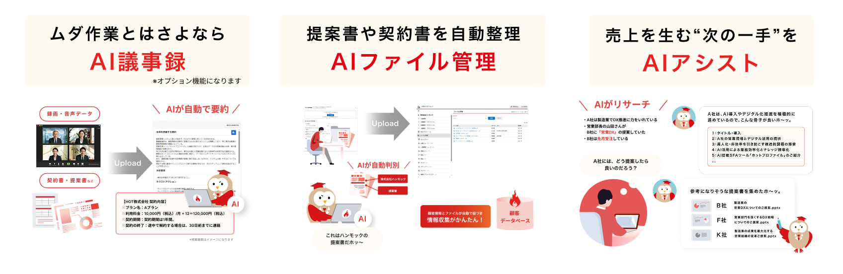 音声・録画データから商談内容をAIが自動要約する「AI議事録」、営業資料を解析・分類する「AIファイル管理」、営業情報をもとに提案準備を支援する「AIアシスト」で、営業活動の効率と質を高めます。