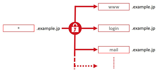 「*.example.jp」のように、コモンネームの一番左のラベルにアスタリスク (*) を指定したサーバー証明書、 ワイルドカード証明書は「www.example.jp」「login.example.jp」「member.example.jp」のように、アスタリスクと同一階層のサブドメインのみが異なるすべてのサーバーにインストール可能