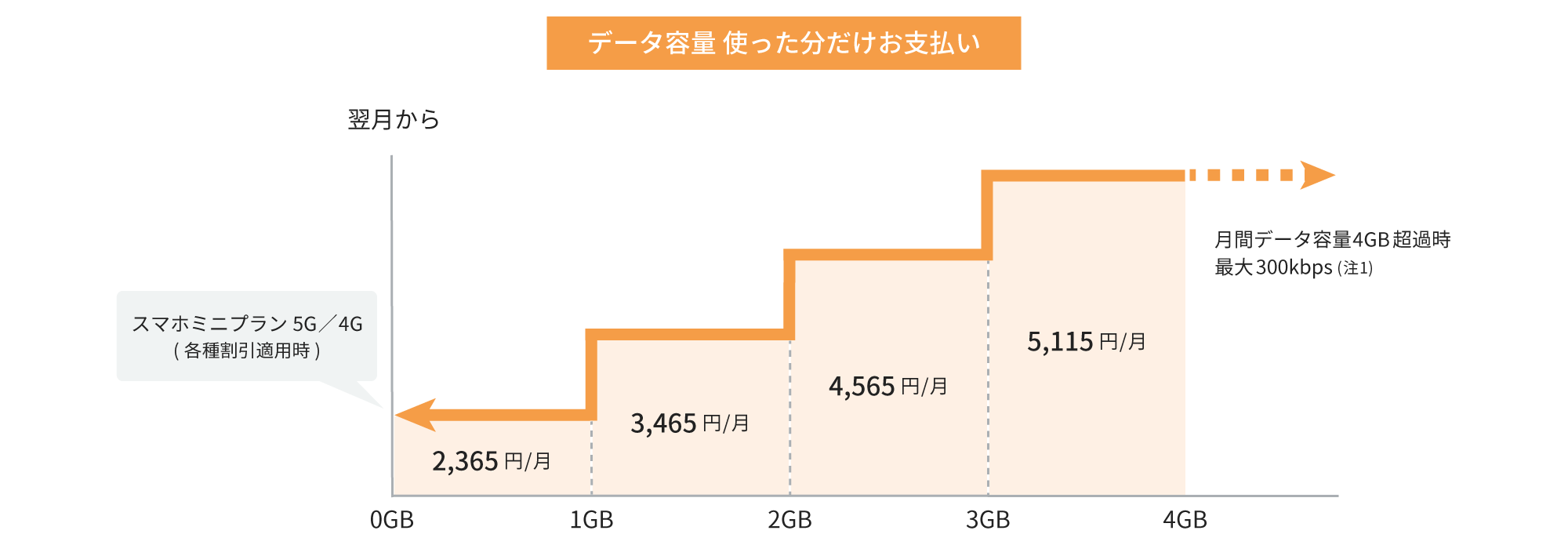 データの利用量に応じて自動的に料金が4段階で変動。(～1GB:2,365円/月、～2GB:3,465円/月、～3GB:4,565円/月、～4GB:5,115円/月)