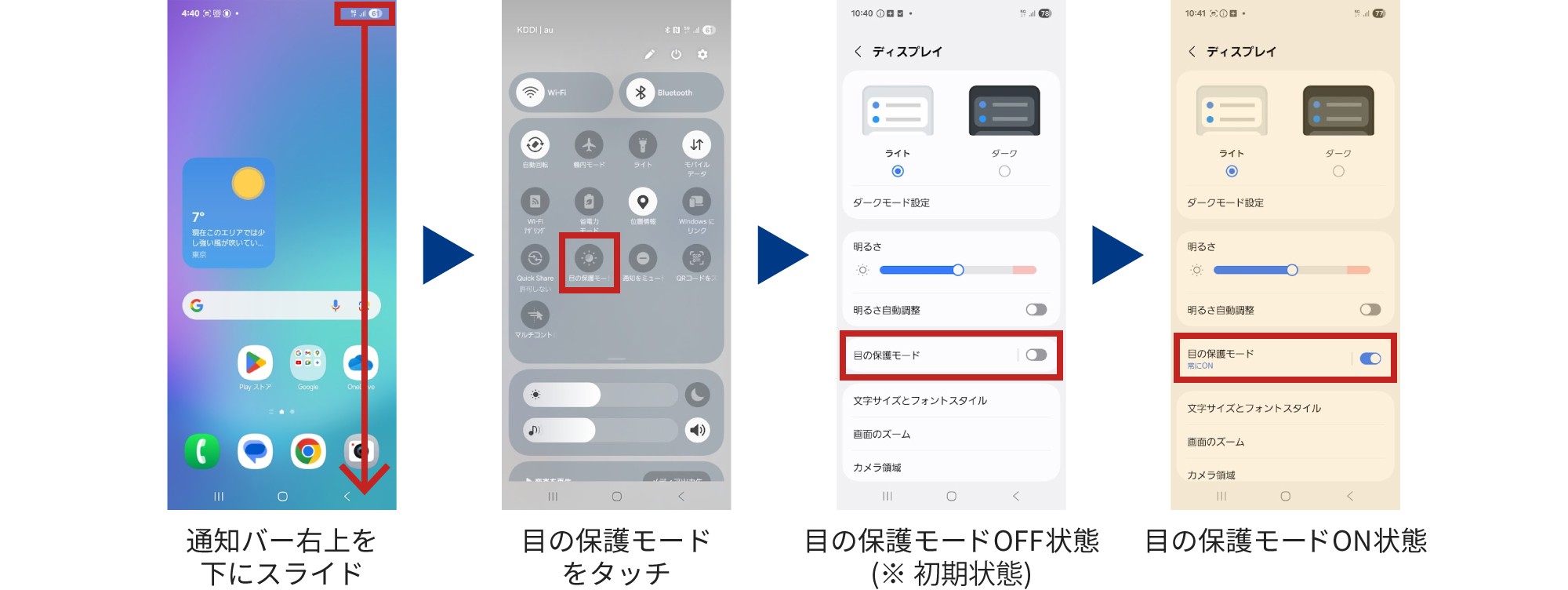 通知バー右上を下にスライド、目の保護モードをタッチ、OFF状態 (初期状態はOFF) からON状態にすることで設定できます。