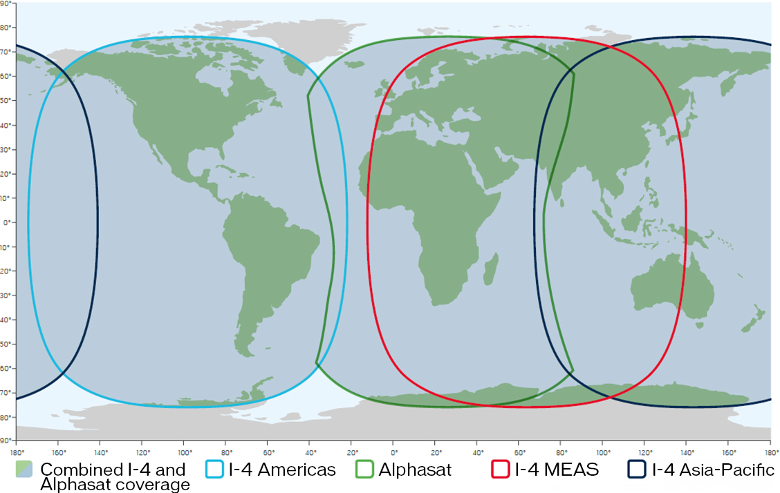 使用可能エリア、Combined I-4 and Alphasat coverage、I-4 Alphasat、I-4 MEAS、I-4 Asia-Pacific