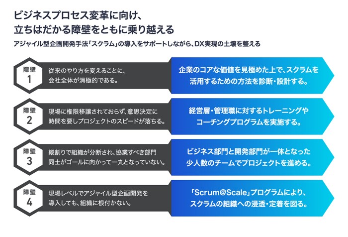 ビジネスプロセス変革に向け、立ちはだかる障壁をともに乗り越える。アジャイル型企画開発手法 「スクラム」の導入をサポートしながら、DX実現の土壌を整える。障壁1：従来のやり方を変えることに、会社全体が消極的である。→企業のコアな価値を見極めた上で、 スクラムを活用するための方法を診断・設計する。障壁2：現場に権限移譲されておらず、 意思決定に時間を要しプロジェクトのスピードが落ちる。→経営層・管理職に対するトレーニングやコーチングプログラムを実施する。障壁3：縦割りで組織が分断され、協業すべき部門同士がゴールに向かって一丸となっていない。→ビジネス部門と開発部門が一体となった少人数のチームでプロジェクトを進める。障壁4：現場レベルでアジャイル型企画開発を導入しても、組織に根付かない。→「Scrum@Scale」プログラムにより、スクラムの組織への浸透・定着を図る。