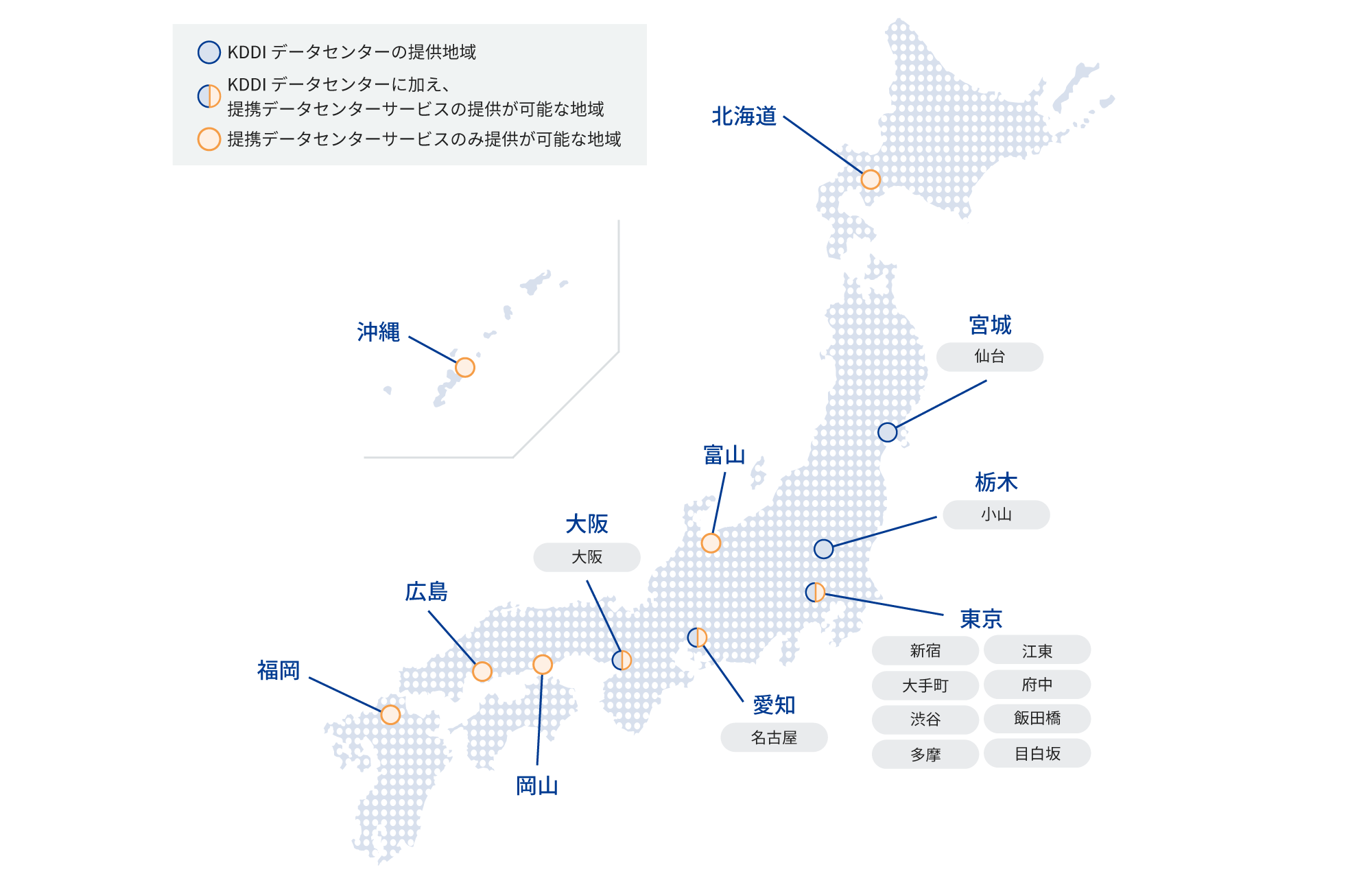 国内拠点一覧を日本地図に図示(北海道、宮城、栃木、富山、東京、愛知、大阪、岡山、広島、福岡、沖縄)
