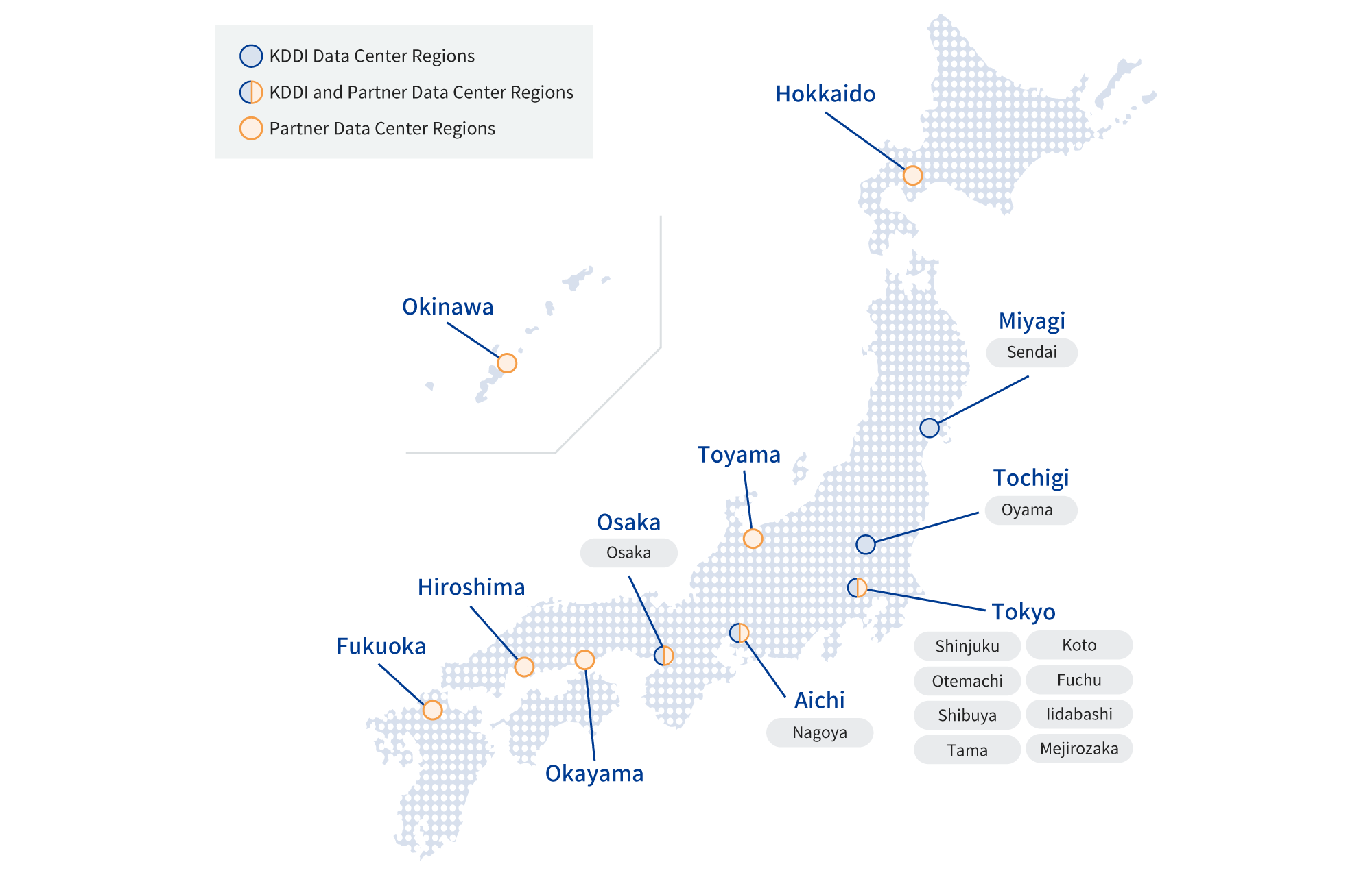 A list of domestic locations is shown on the Japan map (Hokkaido, Miyagi, Tochigi, Toyama, Tokyo, Aichi, Osaka, Okayama, Hiroshima, Fukuoka, Okinawa)