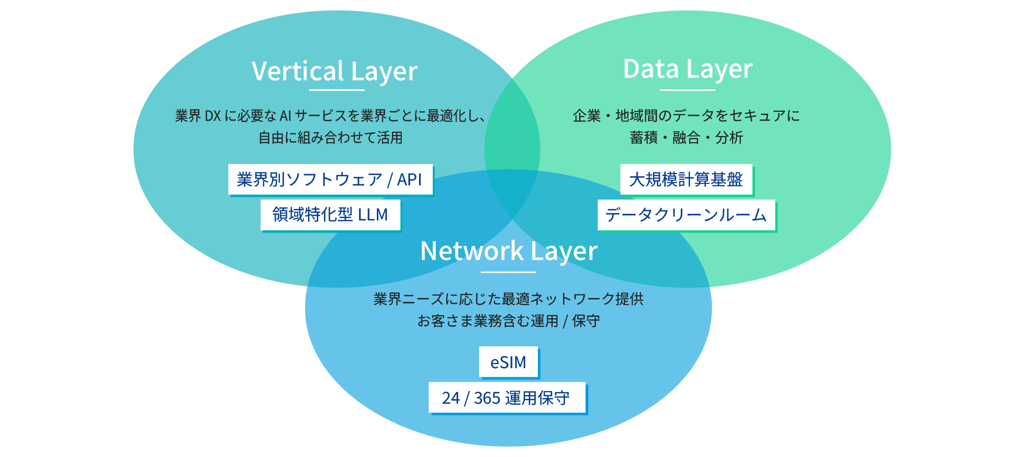 Vertical Layerは業界DXに必要なAIサービスを業界ごとに最適化。具体的には業界別ソフトウェア/APIと領域特化型LLMなど。Data Layerは企業と地域間のデータをセキュアに蓄積・融合・分析。具体的には大規模計算基盤とデータクリーニングルームなど。Network Layerは業界ニーズに応じた最適なネットワーク提供。具体的にはeSIMと24/365の運用保守など。