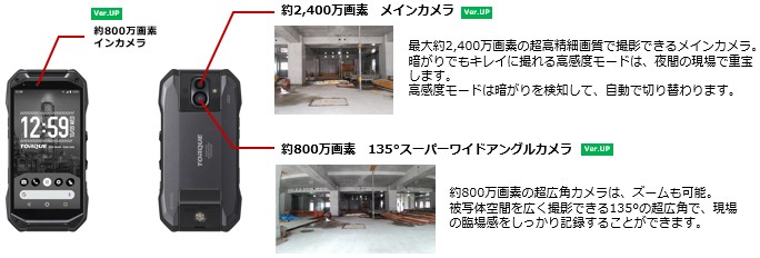 [Ver. UP 約800万画素インカメラ] [約2,400万画素 メインカメラ Ver. UP] 最大約2,400万画素の超高精細画質で撮影できるメインカメラ。暗がりでもキレイに撮れる高感度モードは、 夜間の現場で重宝します。高感度モードは暗がりを検知して、 自動で切り替わります。[約800万画素 135°スーパーワイドアングルカメラ Ver. UP] 約800万画素の超広角カメラは、 ズームも可能。被写体空間を広く撮影できる135°の超広角で、 現場の臨場感をしっかり記録することができます。