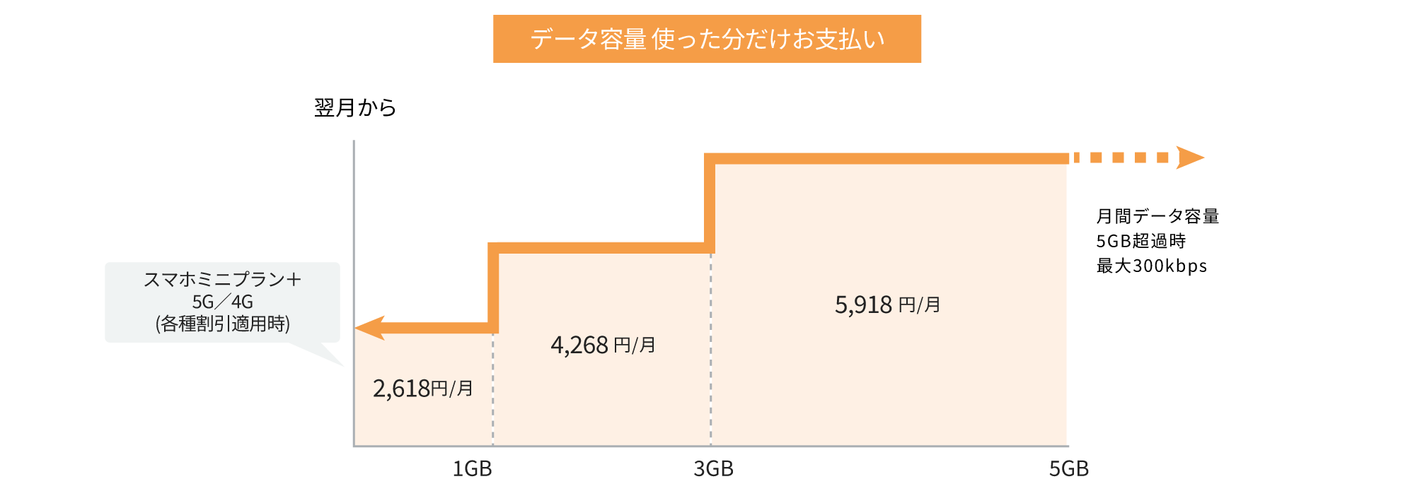 データの利用量に応じて自動的に料金が3段階で変動。(～1GB: 2,618円/月、～3GB: 4,268円/月、～5GB: 5,918円/月)