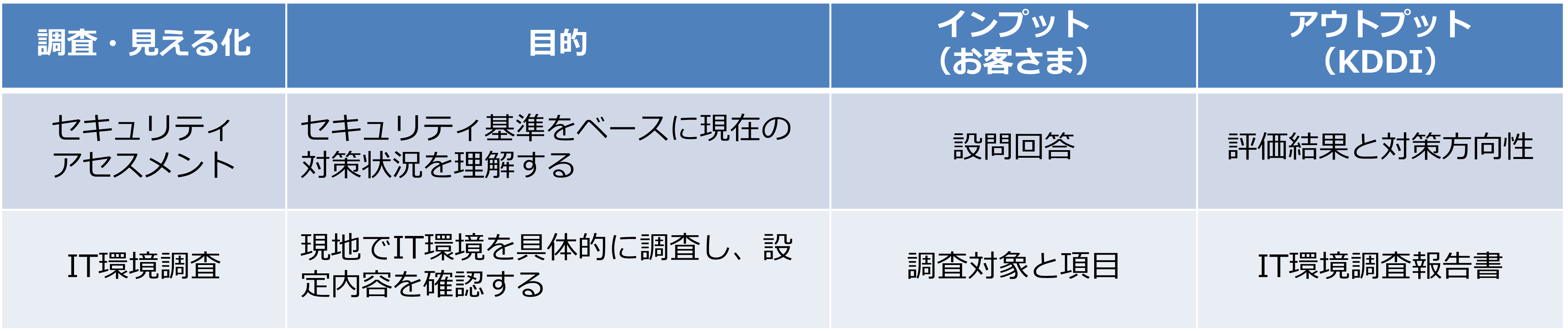 セキュリティアセスメントとIT環境調査をご用意。詳細は以下。