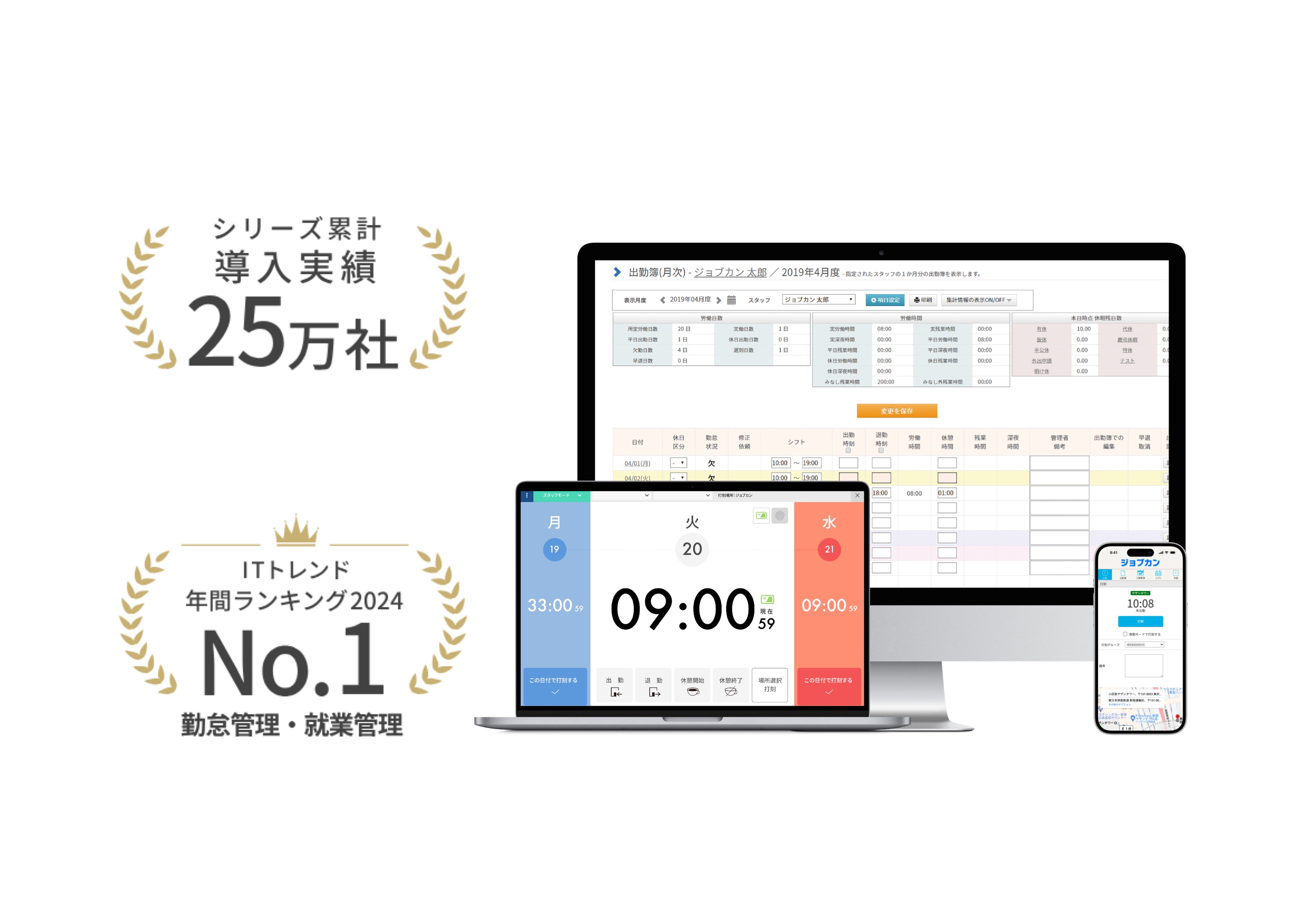 多様な打刻方法とシンプルな画面で、誰でも簡単に使えるクラウド勤怠管理システム。PCやスマホから休暇の申請・承認や柔軟なシフト作成も可能で、勤怠管理業務を効率化します。
