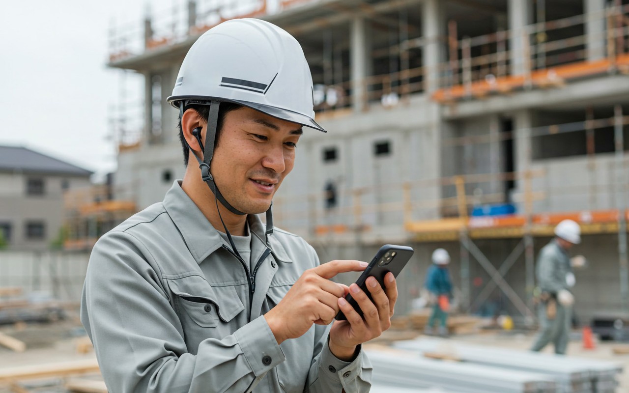 工事現場でスマホのトランシーバーアプリで会話する男性