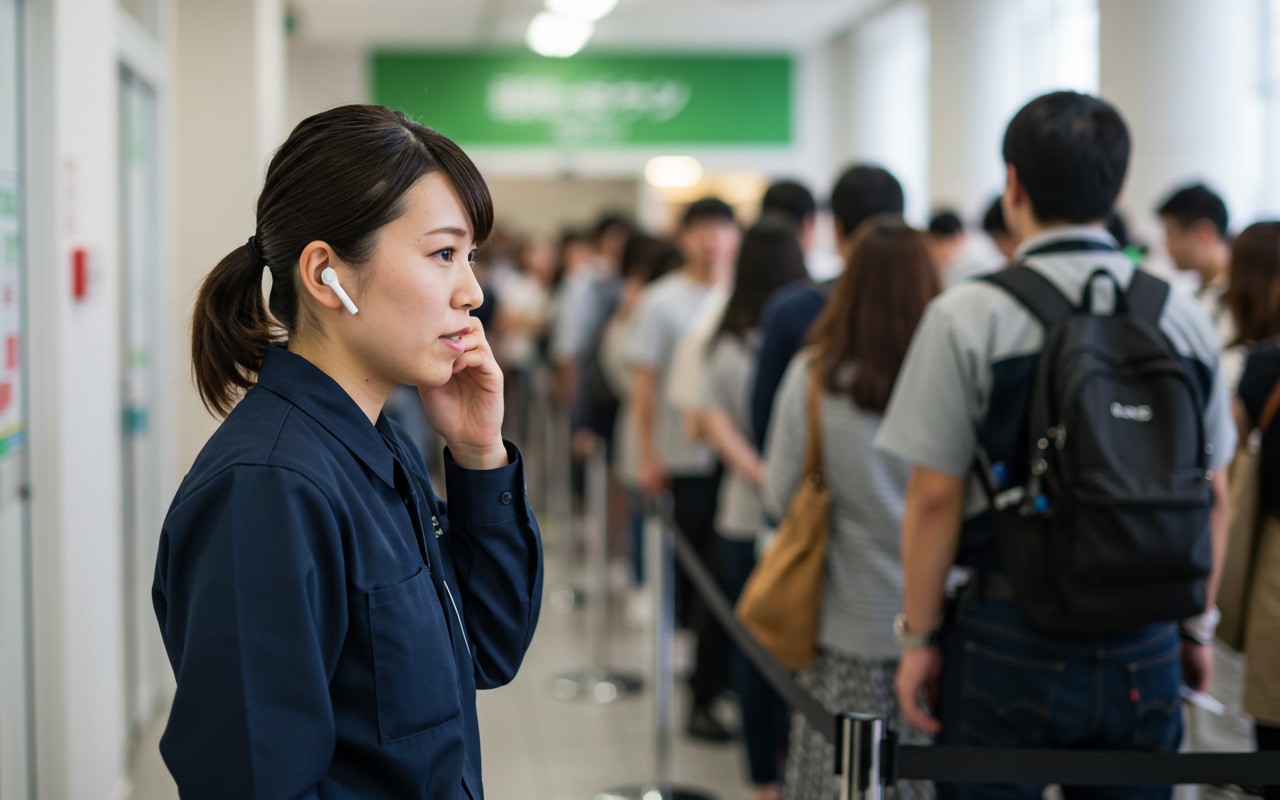 イベント会場でスマホのトランシーバーアプリで会話する女性