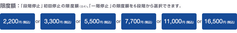 限度額: 「段階停止」 初回停止の限度額(注4)、 「一階停止」の限度額を6段階から選択できます。　2,200円(税込) or 3,300円(税込) or 5,500円(税込) or 7,700円(税込) or 11,000円 (税込) or 16,500円(税込)