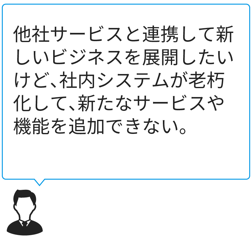 他社サービスと連携して新しいビジネスを展開したいけど、社内システムが老朽化して、新たなサービスや機能を追加できない。