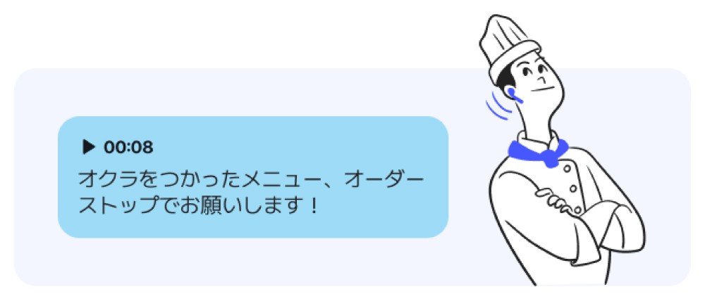 飲食店でのLINE WORKS ラジャーの利用シーンを示す図。左側に、スマートフォンのチャット画面に「オクラをつかったメニュー、オーダーストップでお願いします！」と表示されている例と、レストランスタッフがキッチンとホールを見ながら操作しているイラストが描かれている。