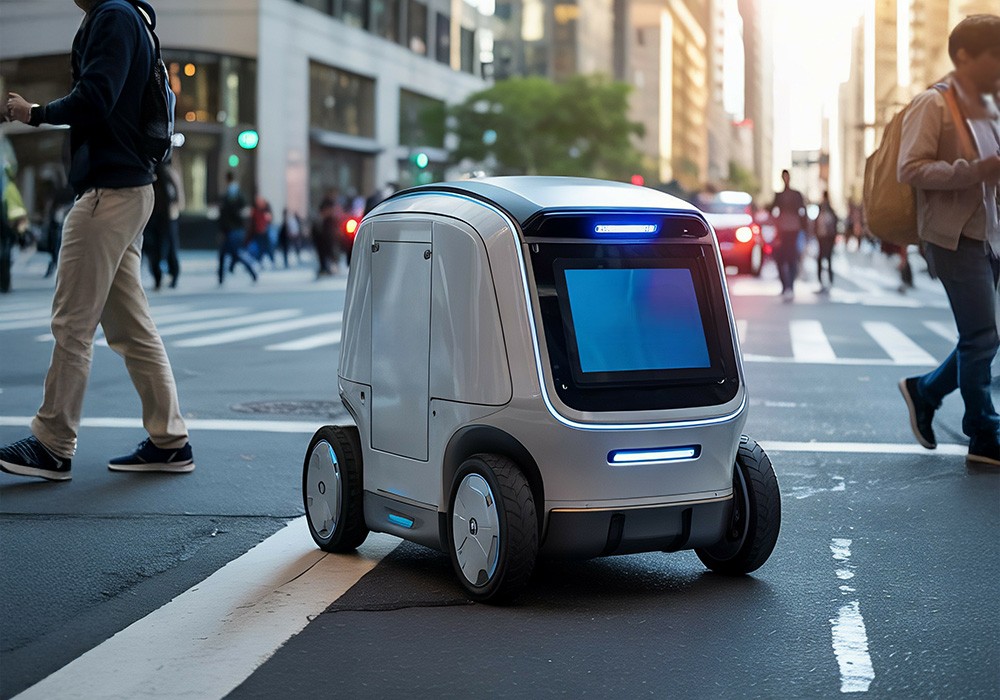 ロボット配送のイメージ。ロボと人が街の中を行きかう