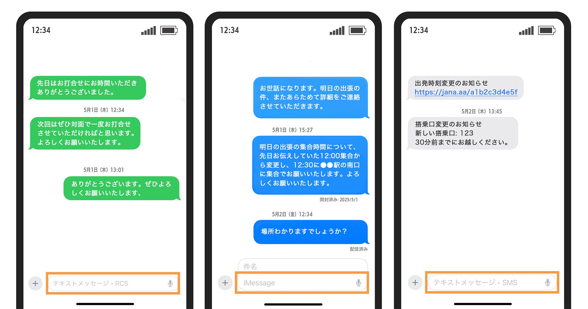 SMS/MMS、iMessage、RCSの送信画面イメージ